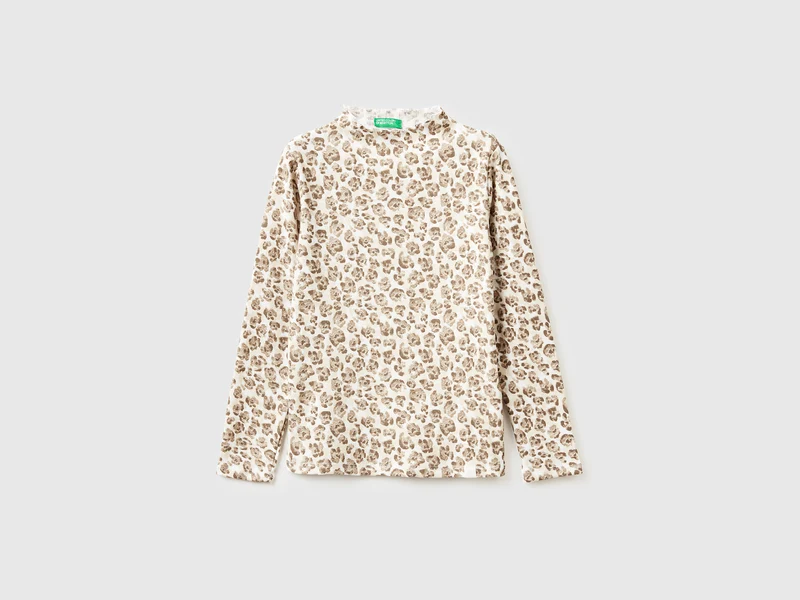 T-shirt lupetto beige con stampa animalier