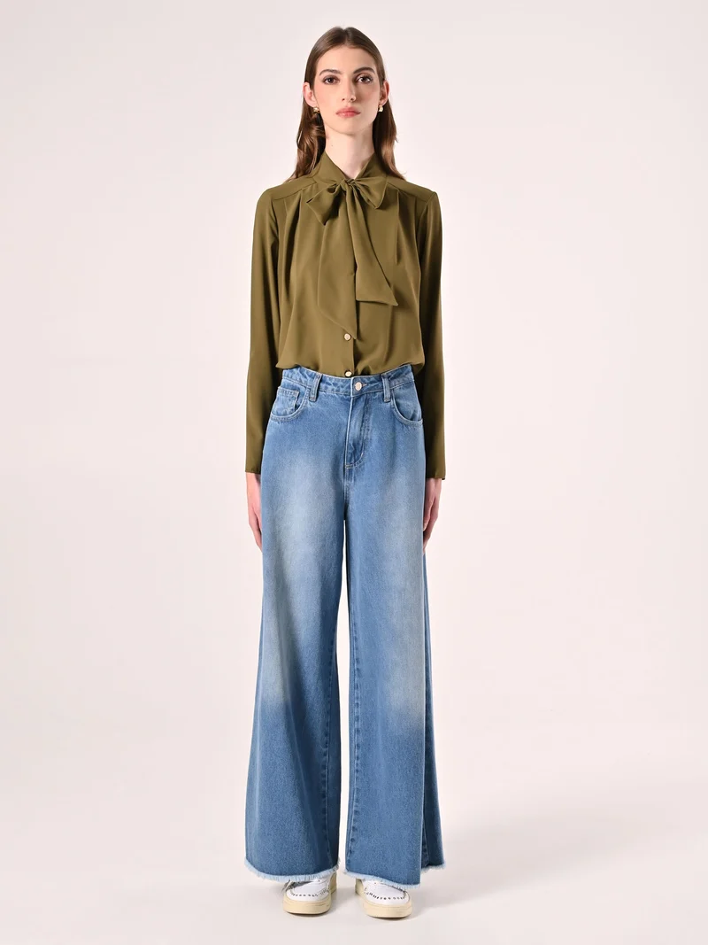 Blusa con Fiocco e Pinces Verde Militare