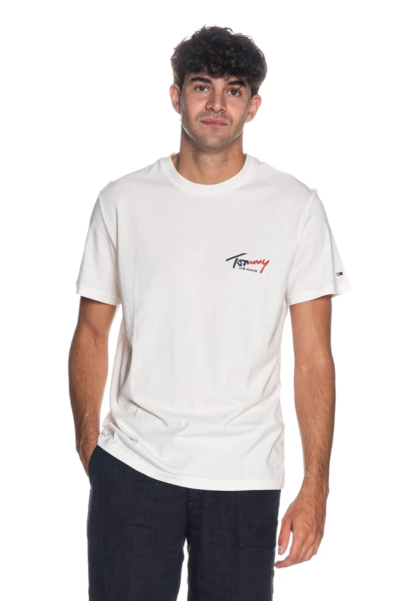 T Shirt Tommy Hilfiger Tjm Sl Sign Chest Ss Tee Da Uomo Panna