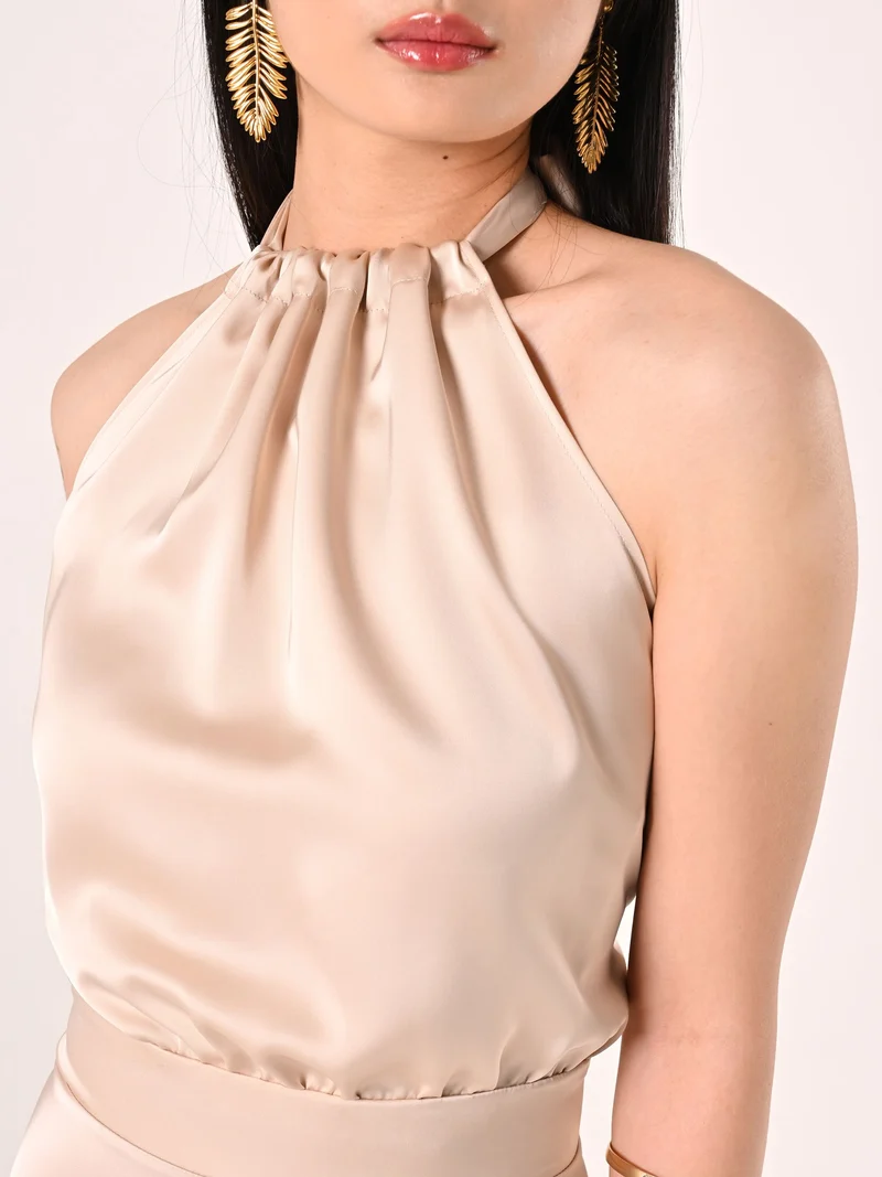 Abito Lungo in Raso Beige Chiaro
