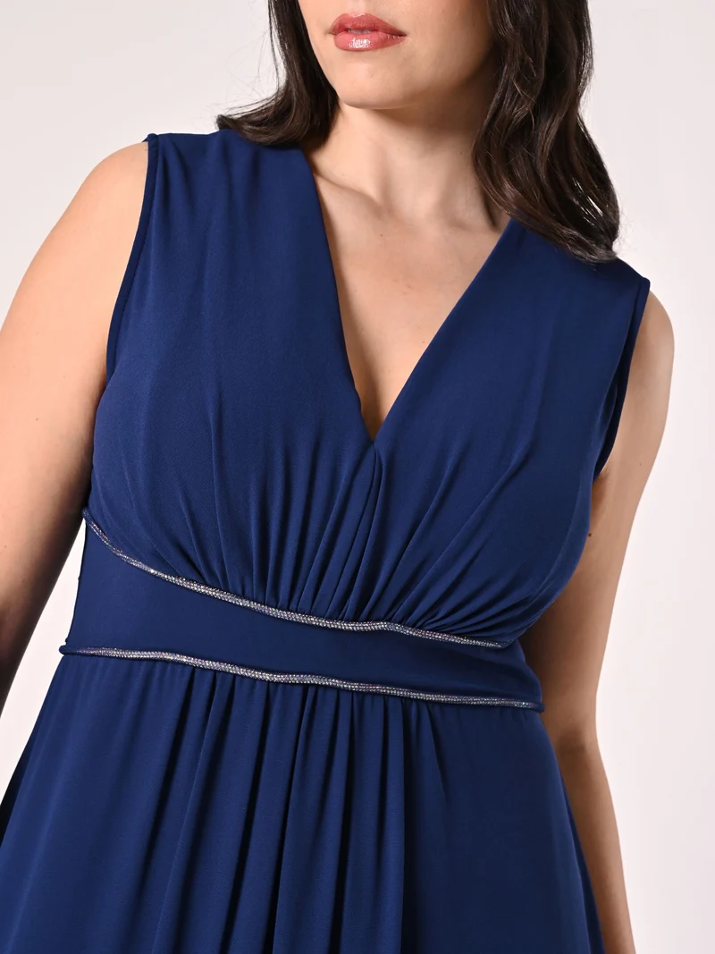 Abito Blu Curvy Lungo con Piping Strass