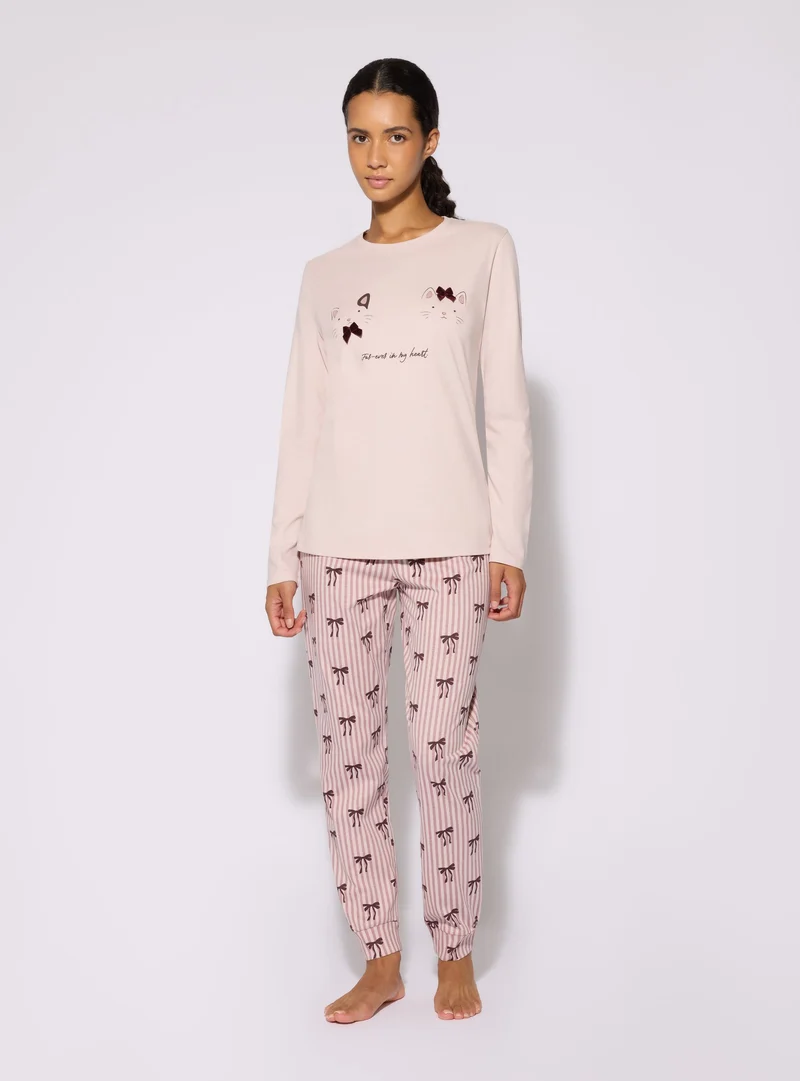 Set pigiama con maglia a maniche lunghe e pantaloni a righe con fiocchi