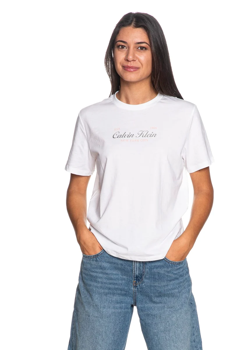 T Shirt Calvin Klein Classic Script Two Tone Tee Da Donna Bianco