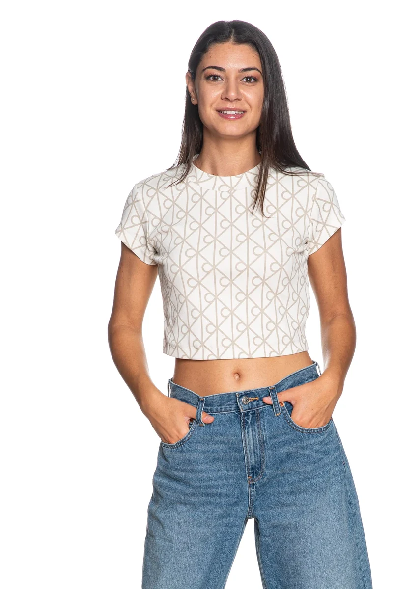 T Shirt Calvin Klein Monolg Baby Tee Da Donna Bianca Fantasia Beige