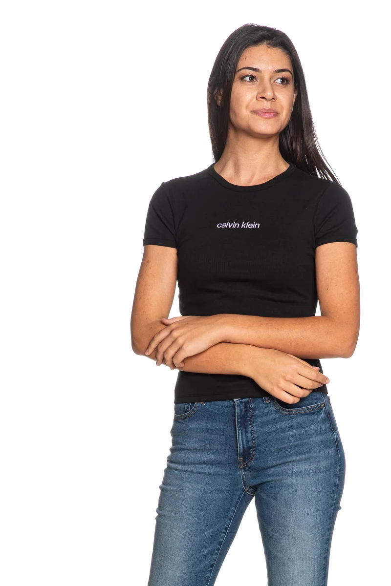 T Shirt Calvin Klein Contour Rib Lg Ringer Da Donna Nera