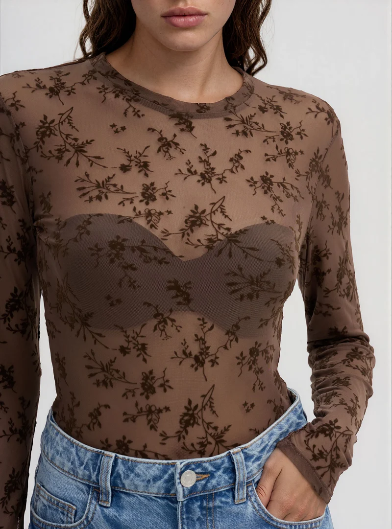 T-shirt a maniche lunghe con stampa floreale flock