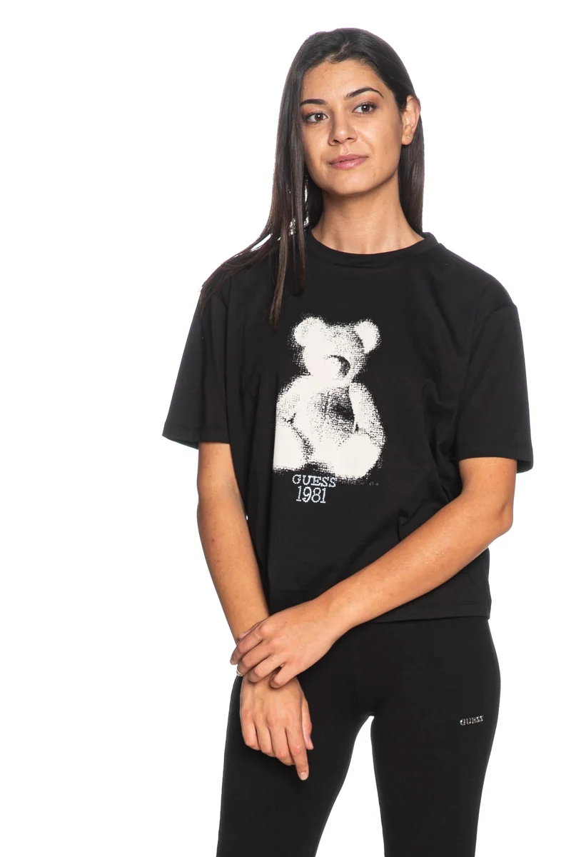 T Shirt Guess Faded Bear Da Donna Nera