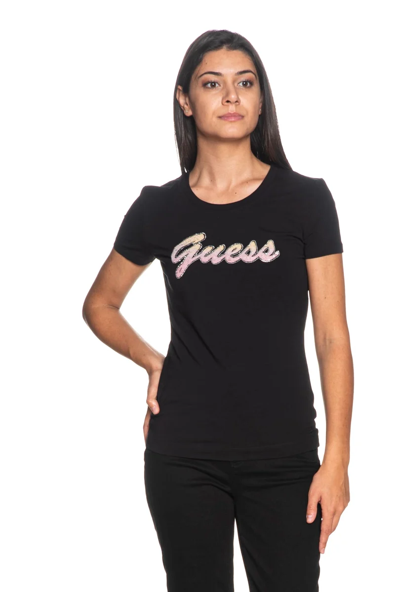 T Shirt Guess Deg Seq Da Donna Nera