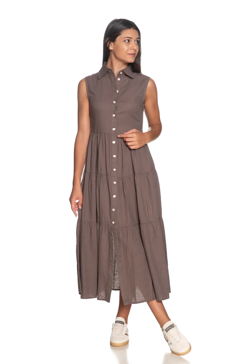 Abito Lungo Yes Zee Chemisier Da Donna Marrone Corteccia