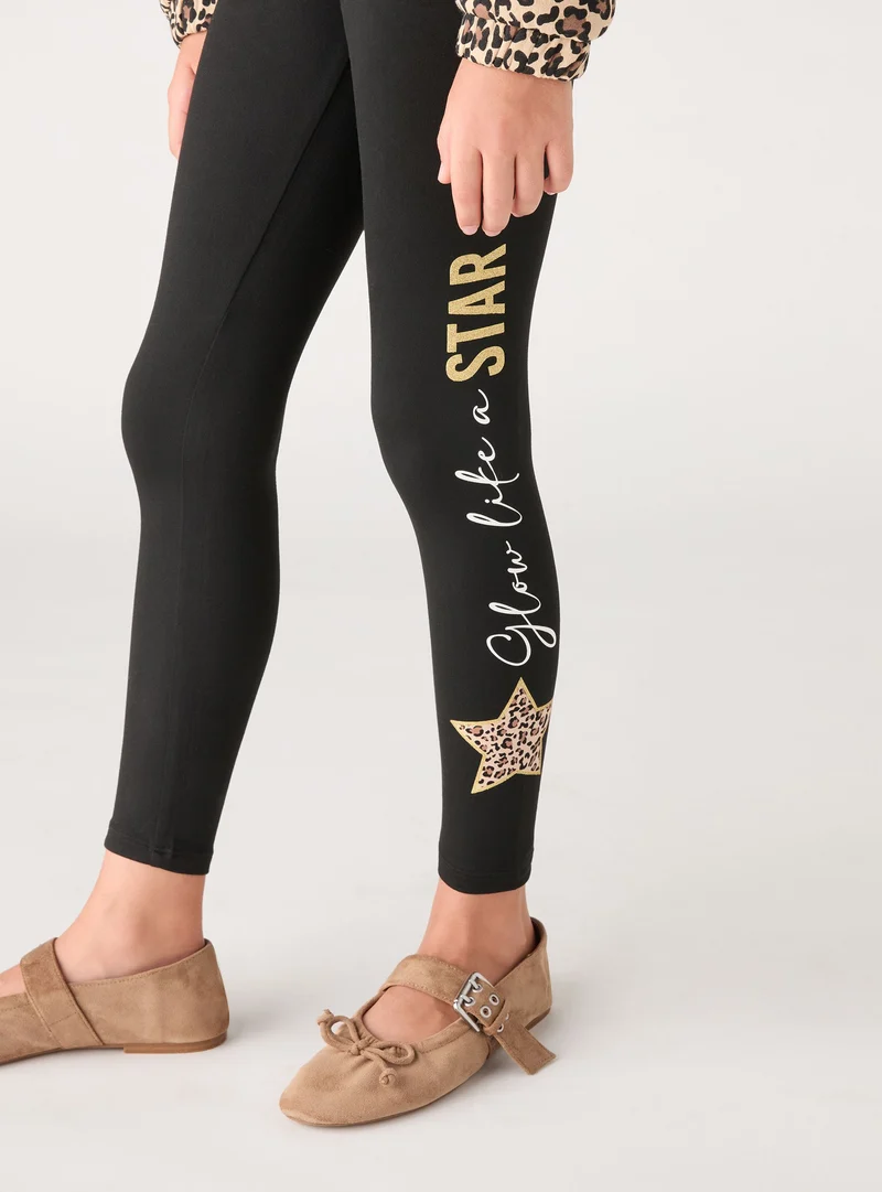 Leggings lunghi da bambina con stampa stelle e scritta