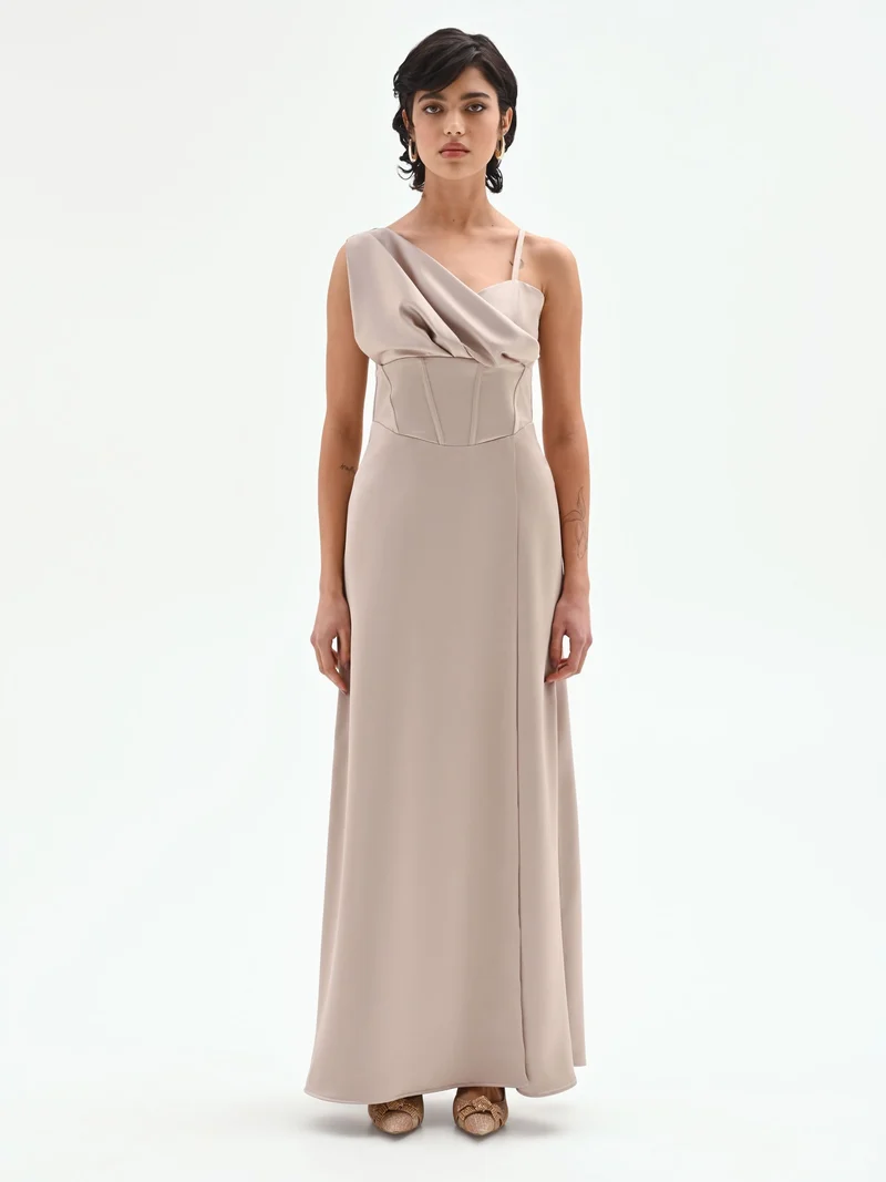 Abito lungo in raso tortora beige con corpetto