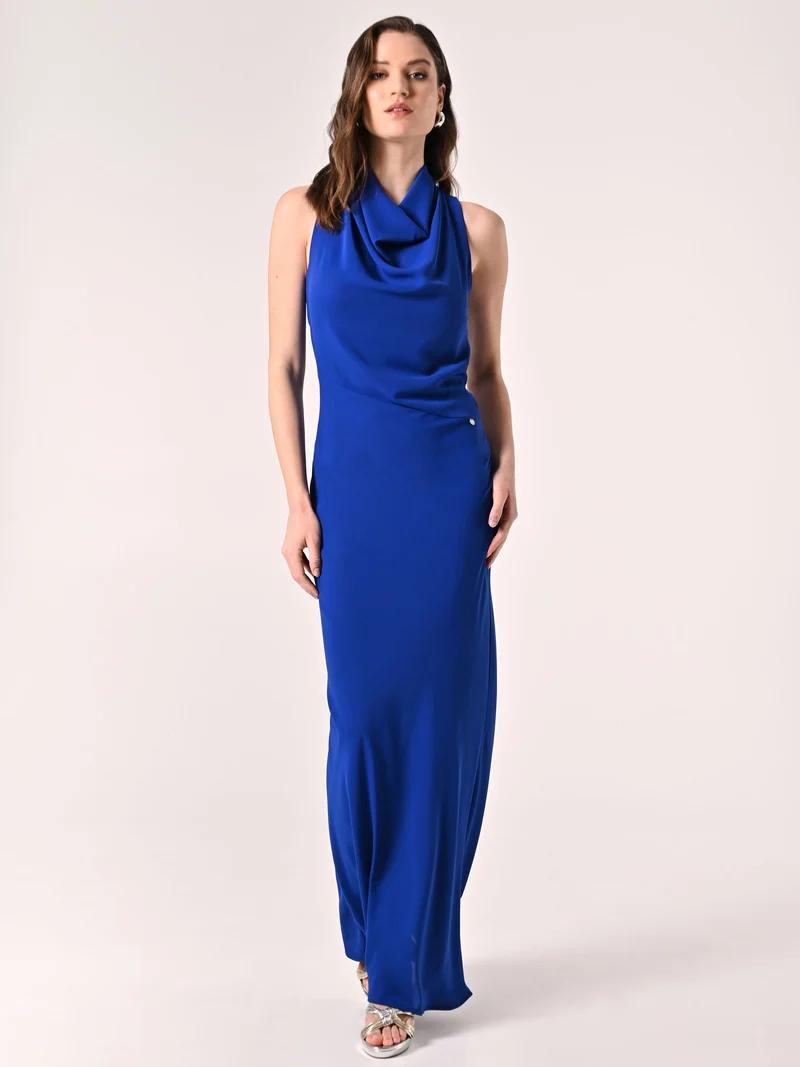 Abito Lungo Blu Cina con Scollo Drappeggiato