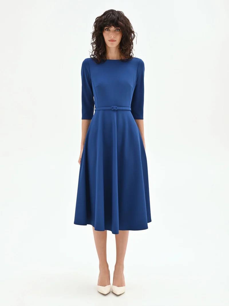 Abito midi blu brillante con cintura in vita
