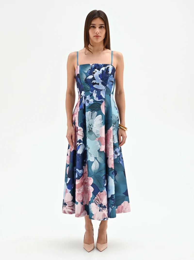 Abito midi blu ottanio con stampa floreale