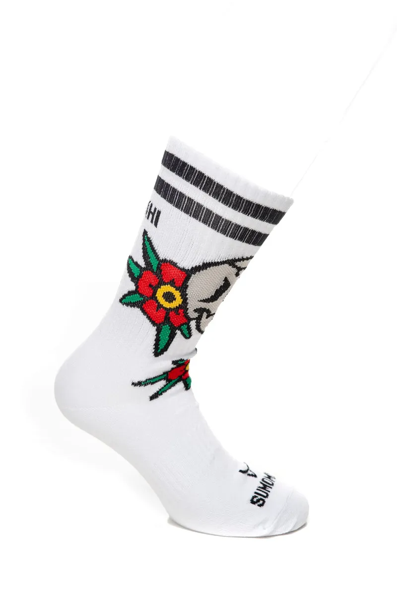 Calzino Sumomihi Skull Flowers Sock Unisex Bianco In Filato