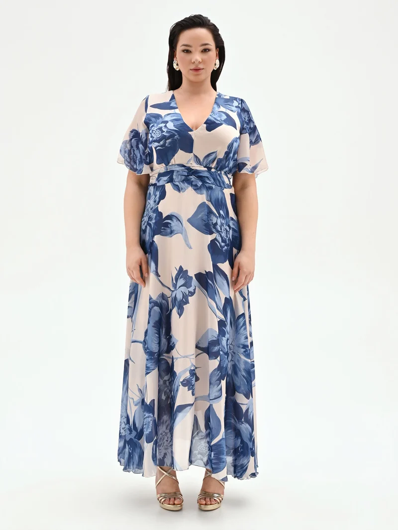 Abito lungo Curvy blu brillante con stampa floreale