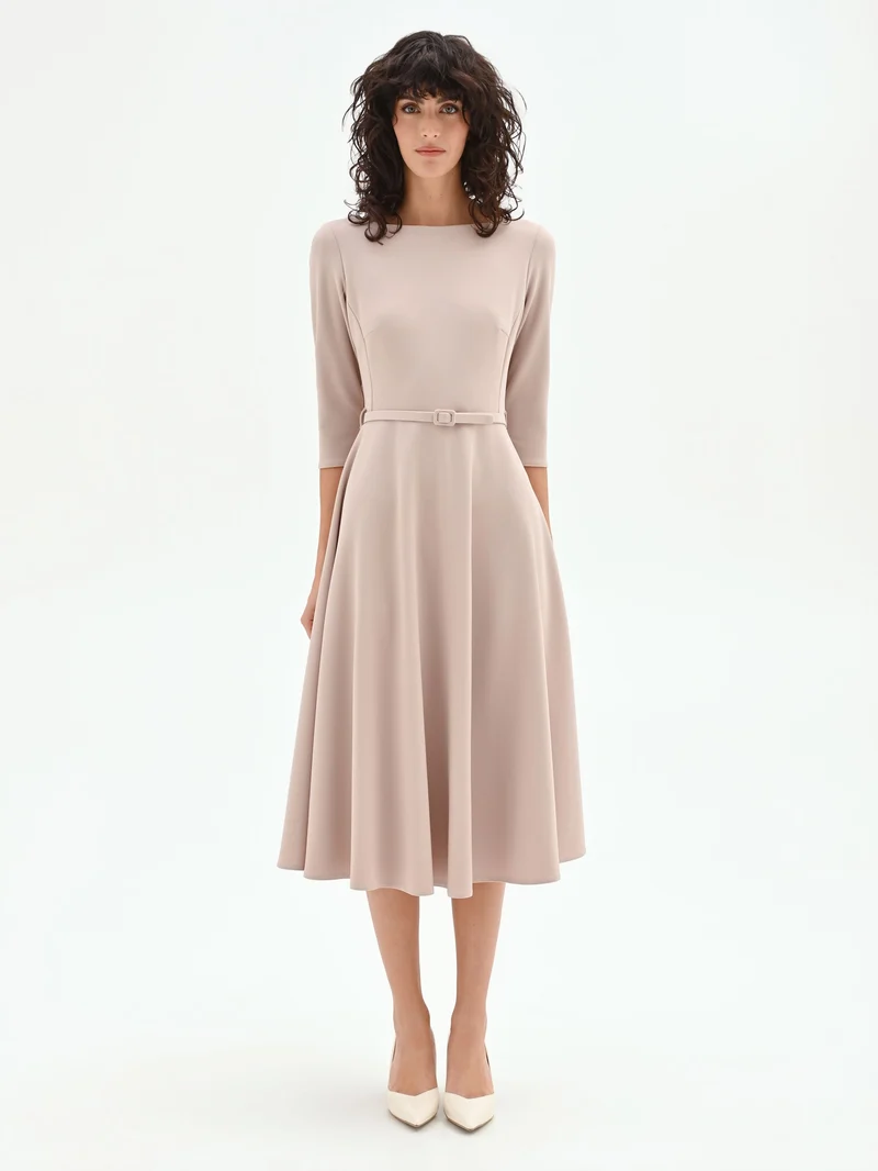 Abito svasato tortora beige con cintura in vita