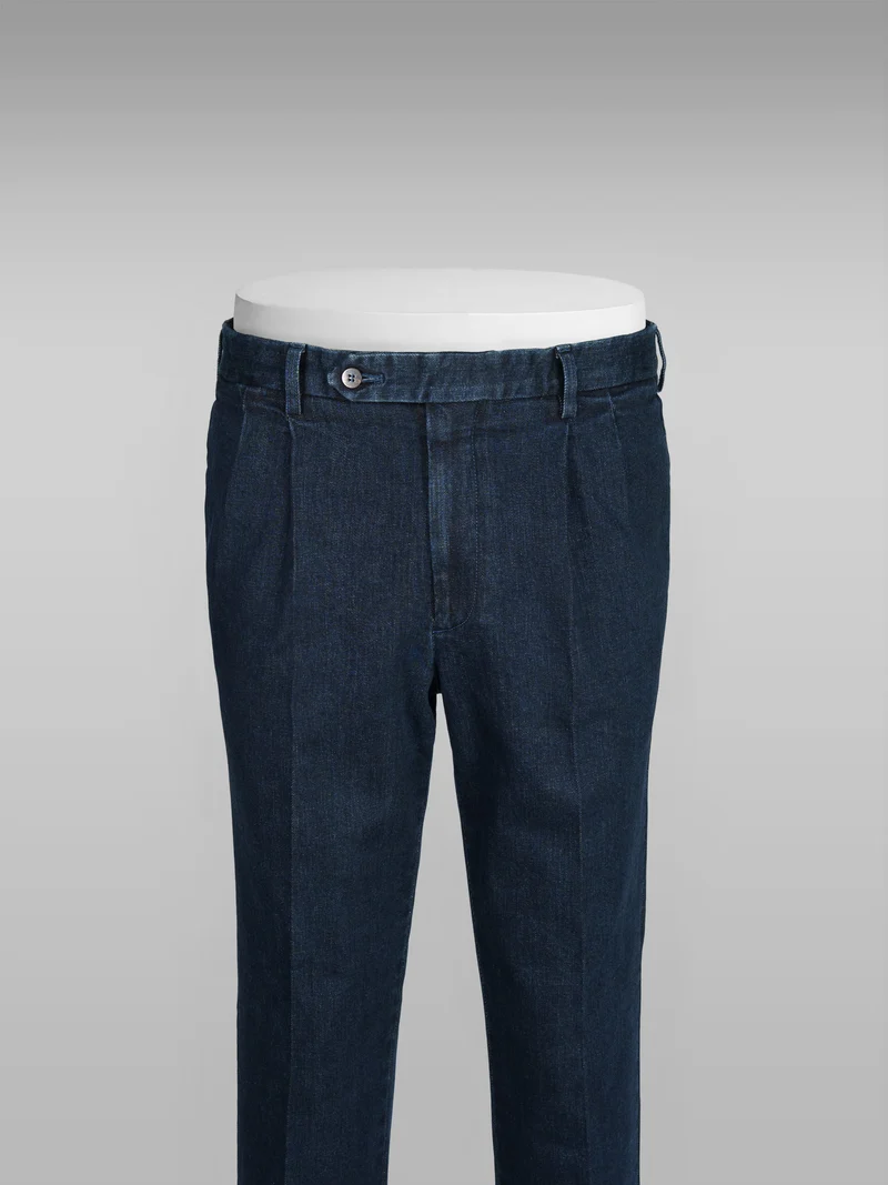 Dark Blue denim cotton sport trousers 2 Pleats
