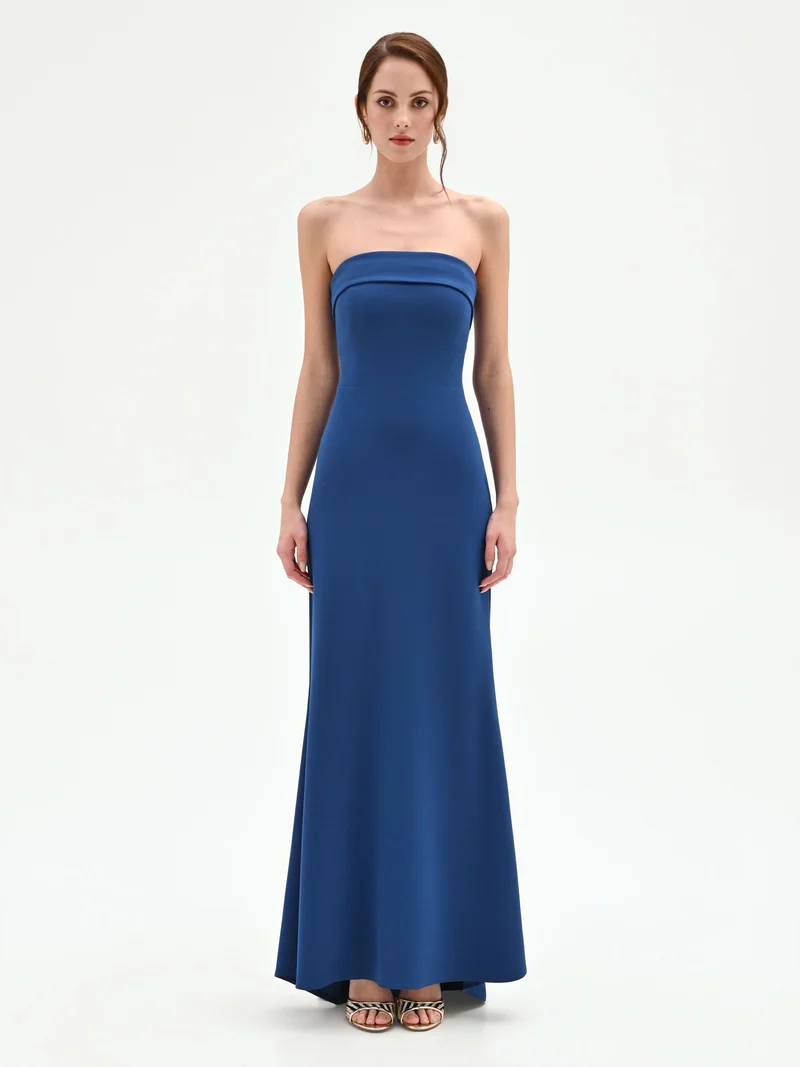 Abito lungo blu brillante con scollo a fascia