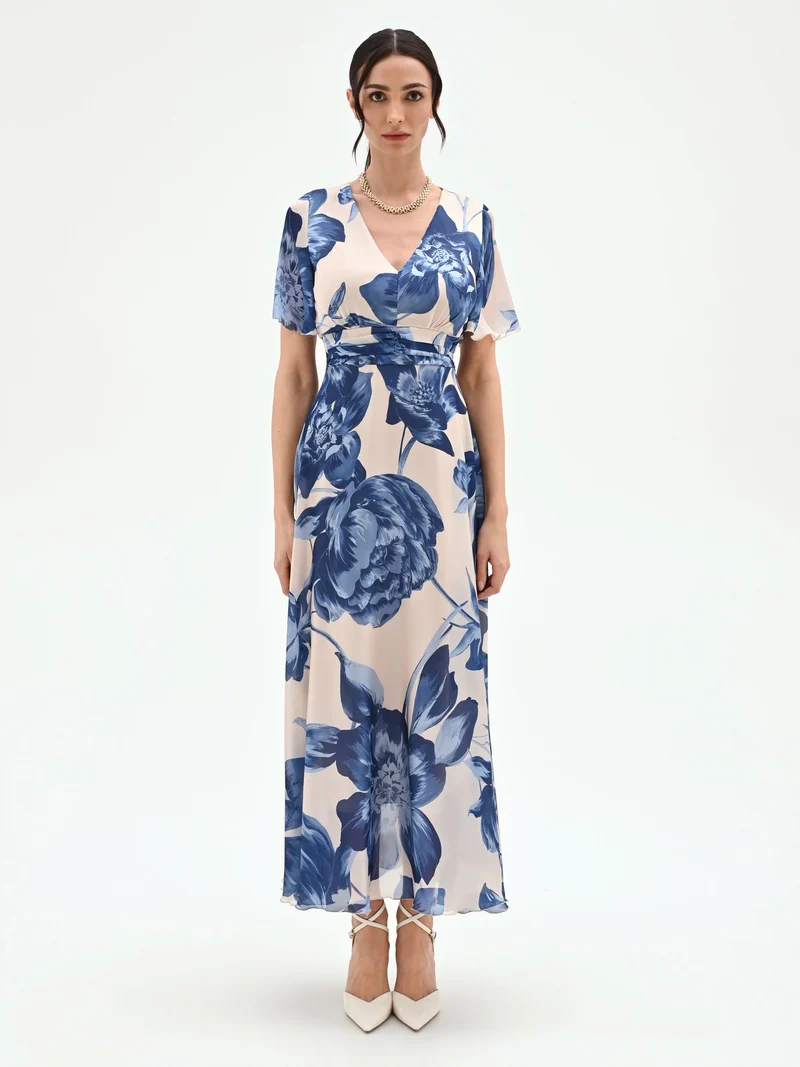 Abito lungo blu brillante con fantasia floreale