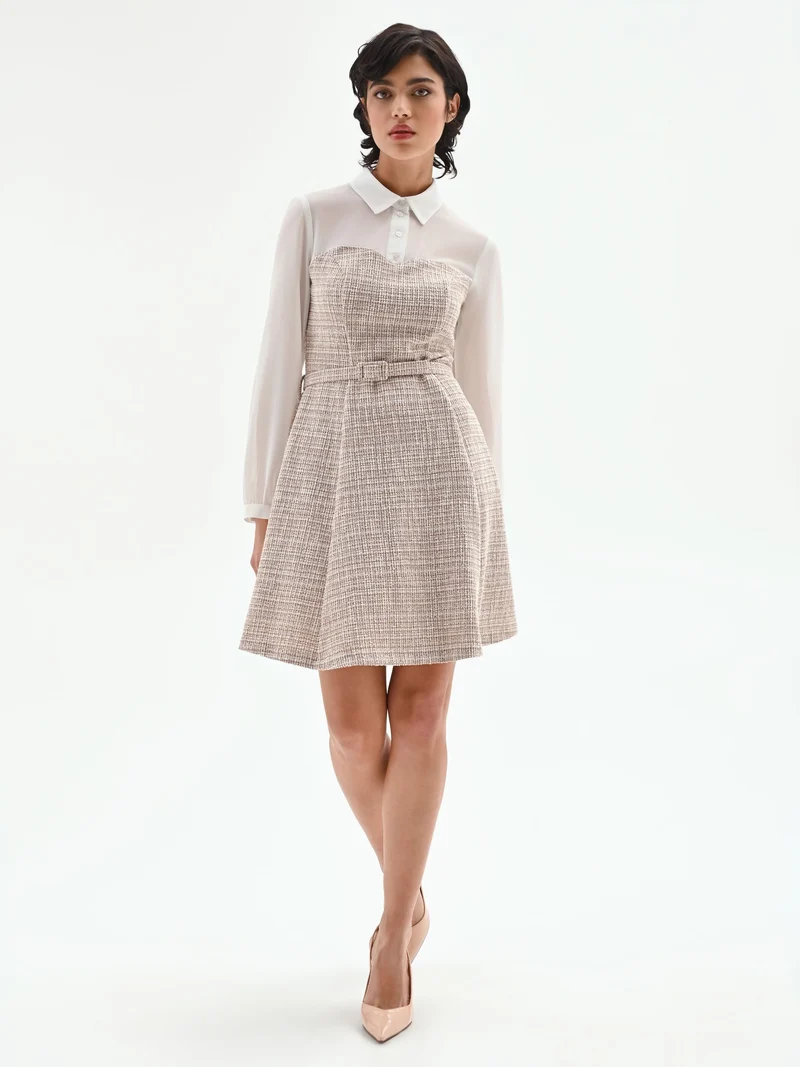 Abito corto combinato in tweed beige chiaro