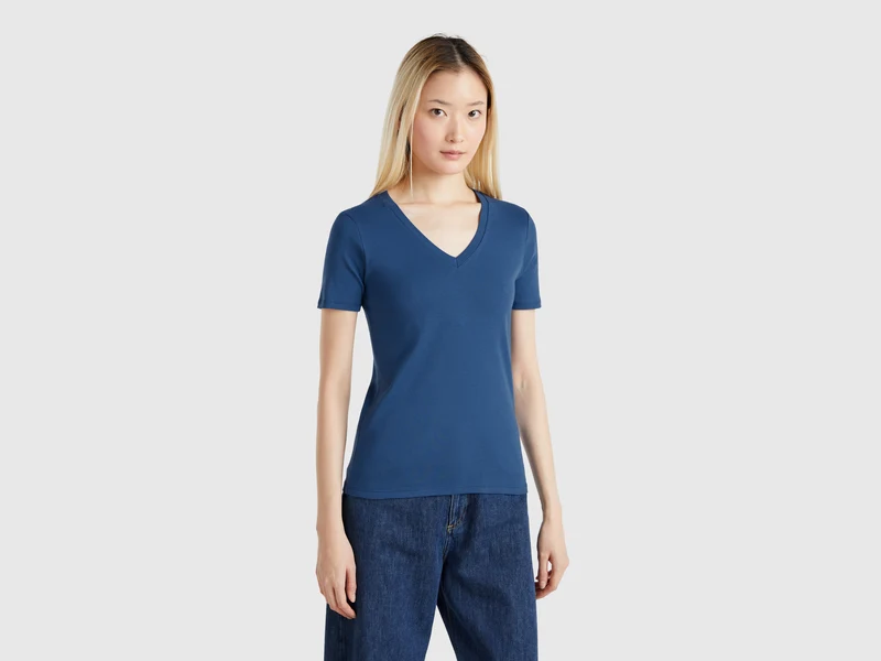 T-shirt avio in puro cotone con scollo a V
