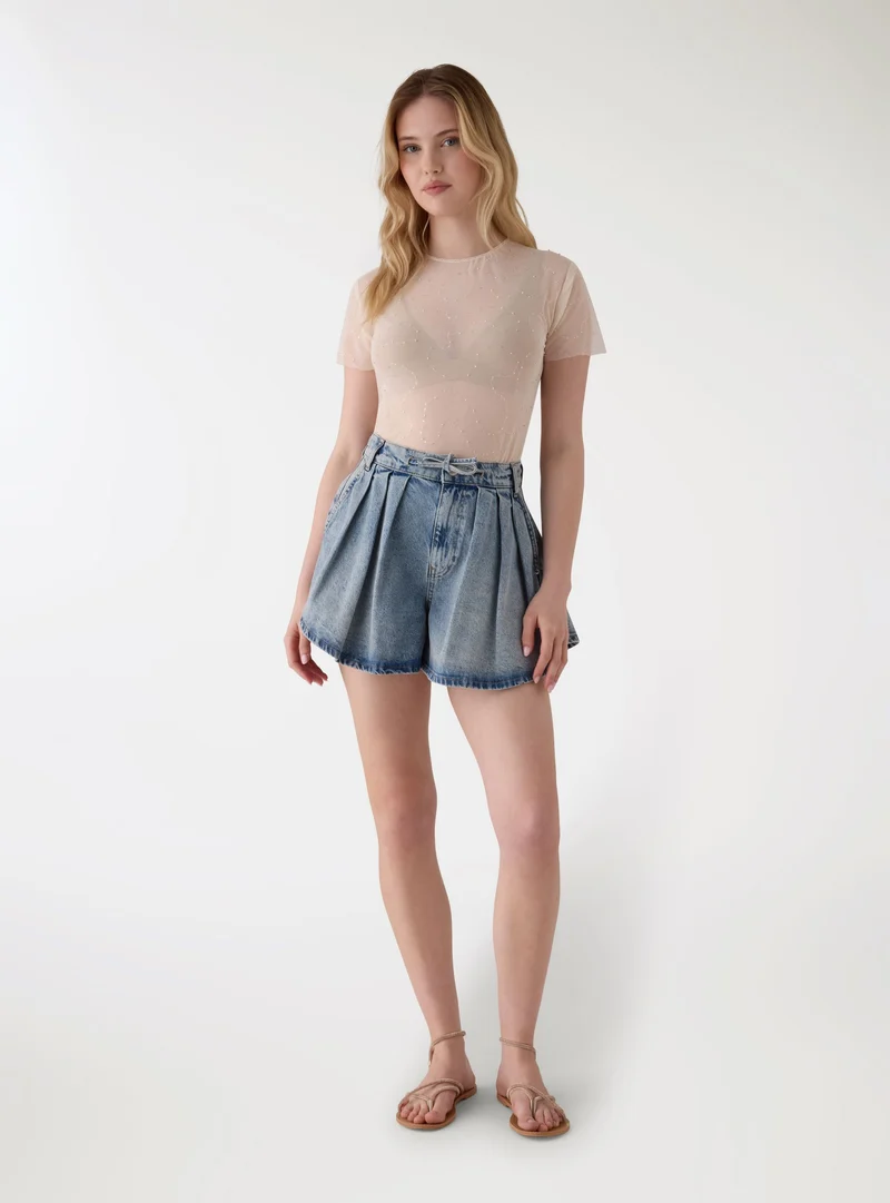 T-shirt in tulle ricamato effetto luccicante