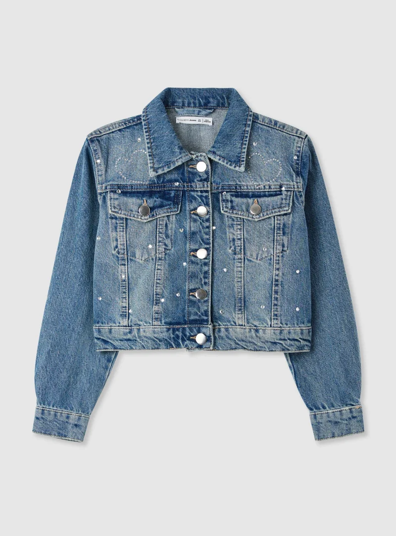 Giacca in denim corta da bambina con applicazioni a cuore