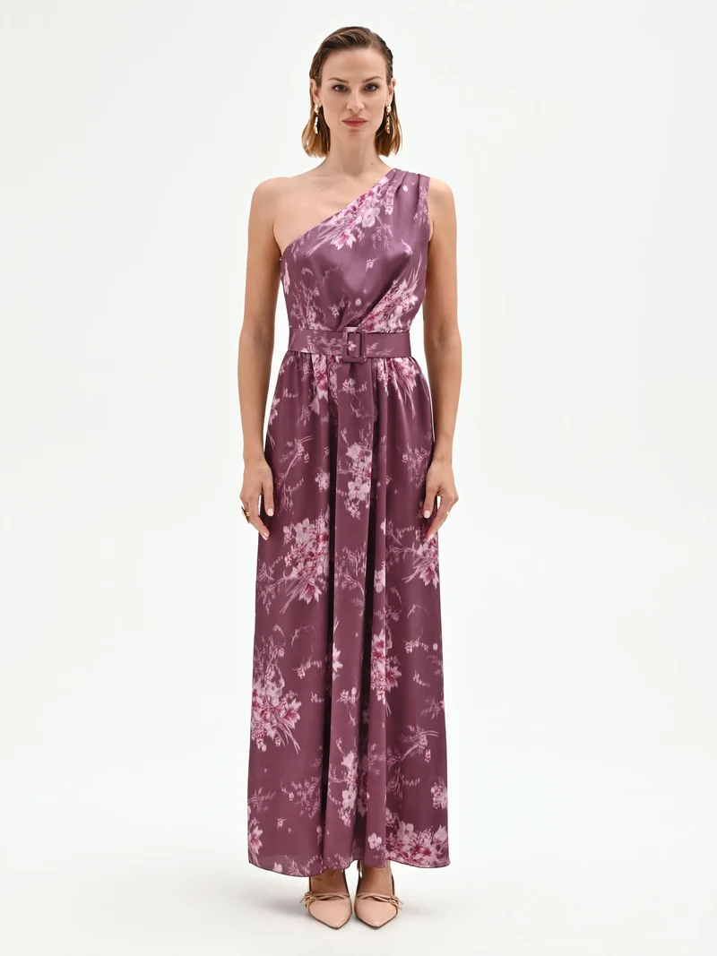 Abito lungo rosso bordeaux con stampa floreale