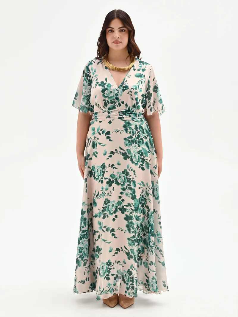 Abito Curvy lungo verde con stampa floreale