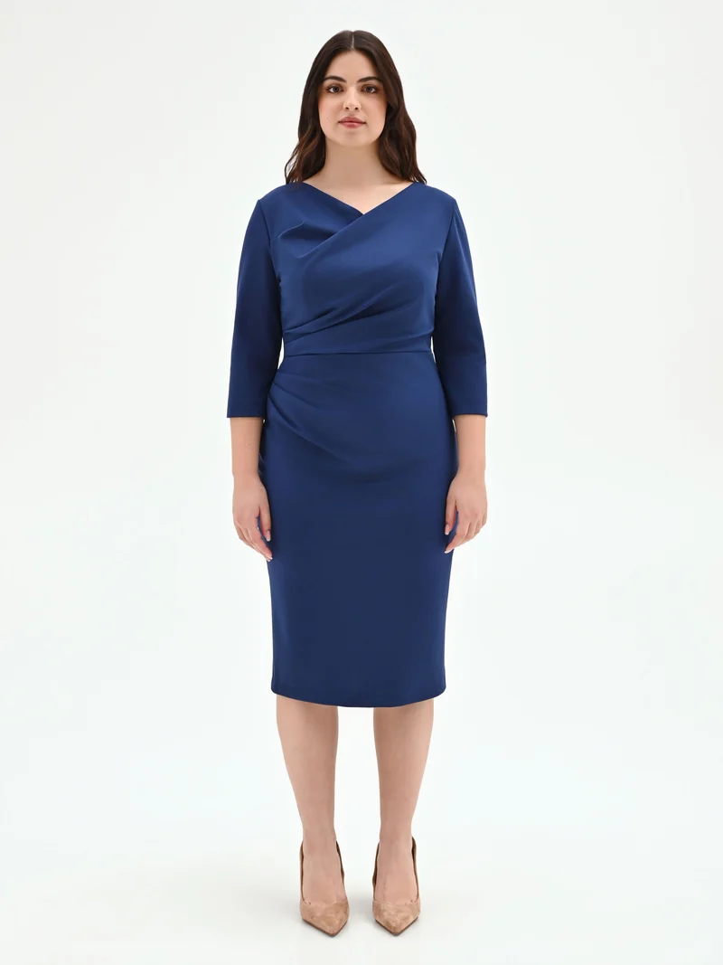 Abito curvy blu brillante con drappeggio laterale