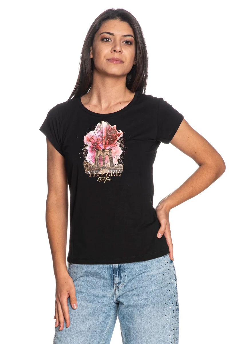 T Shirt Yes Zee Flower Pois Da Donna Nera