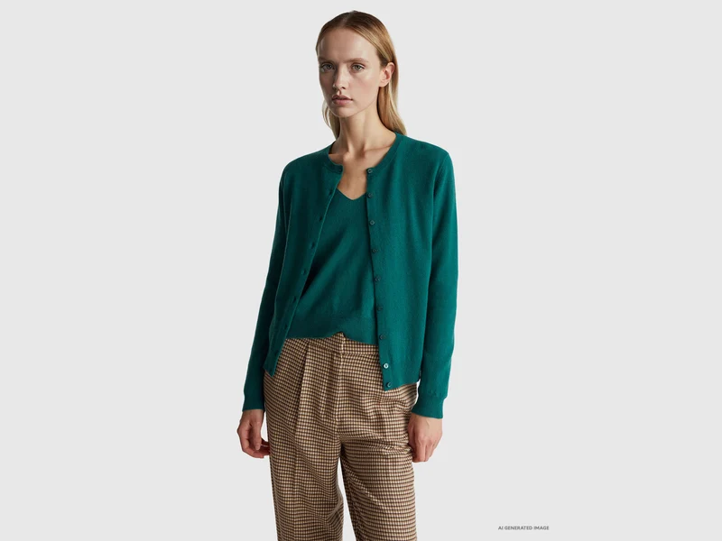 Cardigan girocollo verde in pura lana Merino