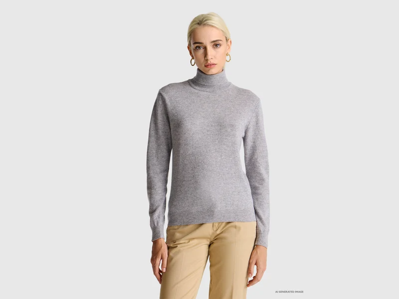 Maglione dolcevita grigio mélange in pura lana Merino