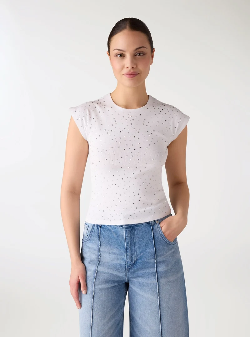 T-shirt a costine con strass