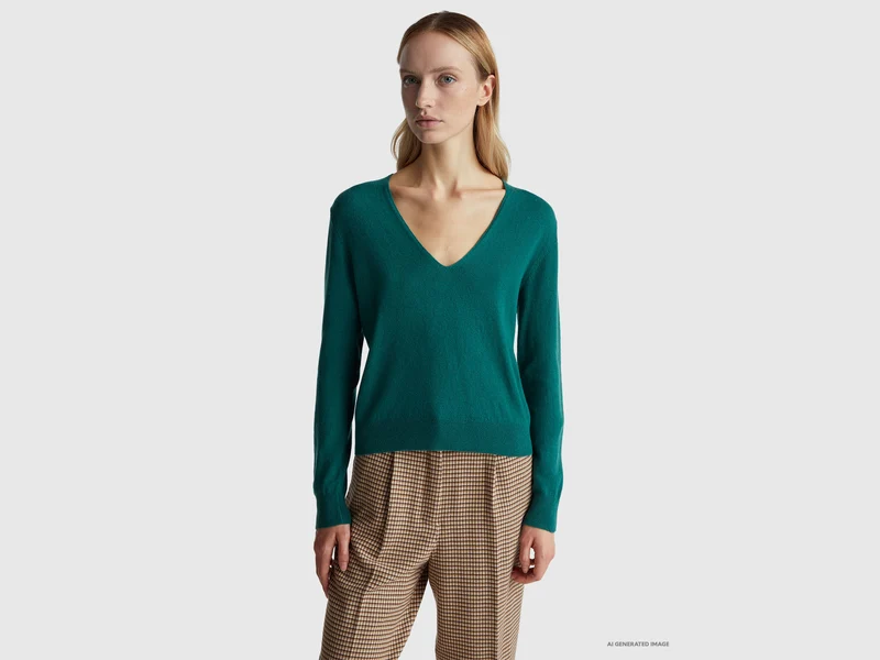 Maglione verde con scollo a V in pura lana Merino