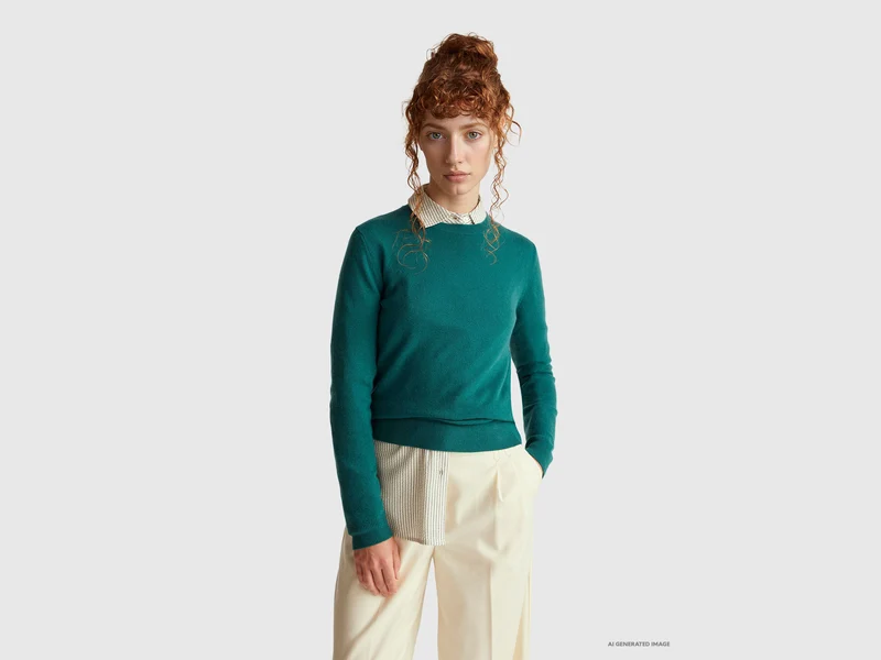 Maglia girocollo verde in lana Merino