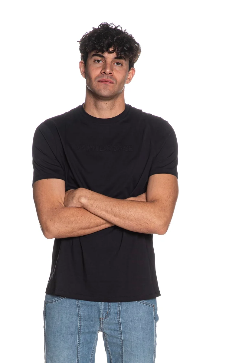 T Shirt Armani Exchange Embossed Lett Da Uomo Blu Notte