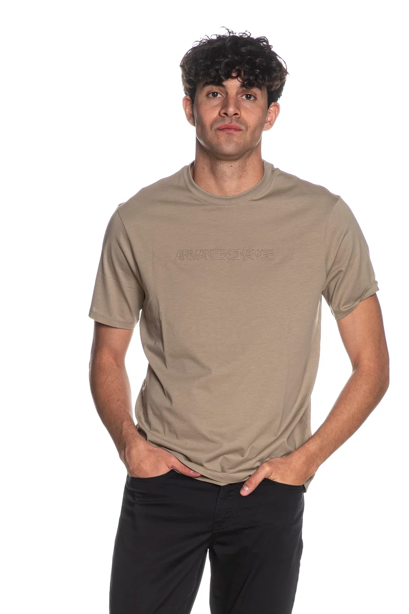 T Shirt Armani Exchange Embossed Lett Da Uomo Beige Tortora