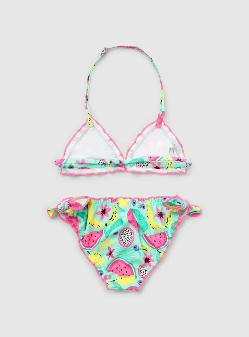 Set bikini triangolo con stampa frutta e volant
