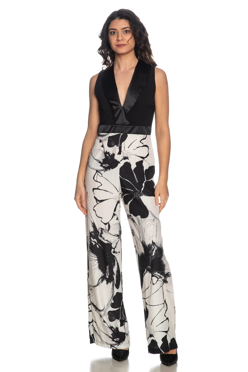 Tuta Intera Rinascimento Floral Jumpsuit Da Donna Nero Fantasia Floreale Avorio Nero