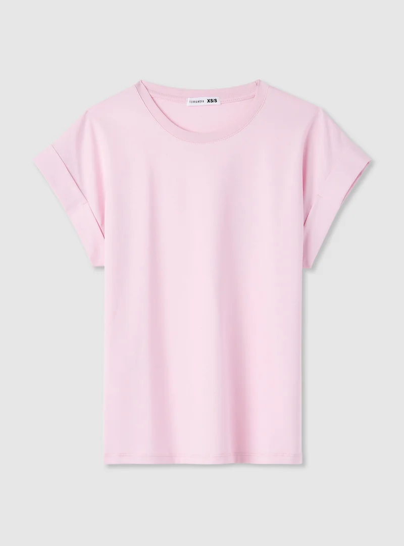T-shirt a tinta unita con maniche risvoltate