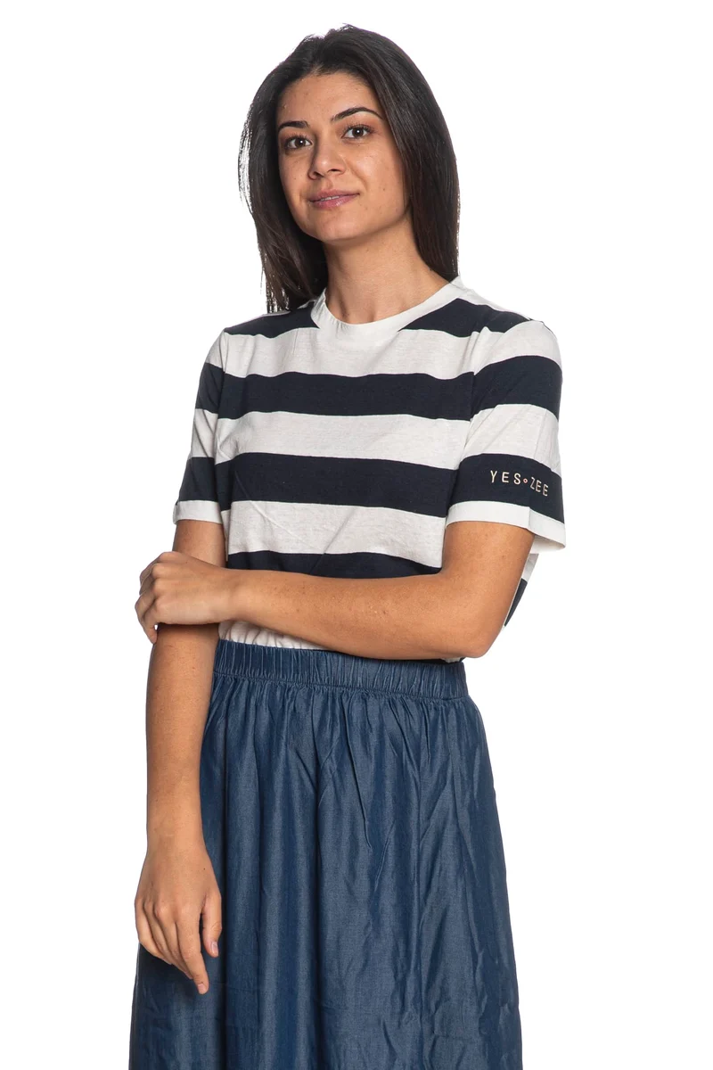 T Shirt Yes Zee Wide Stripes Da Donna Bande Larghe Bianco Blu Marina