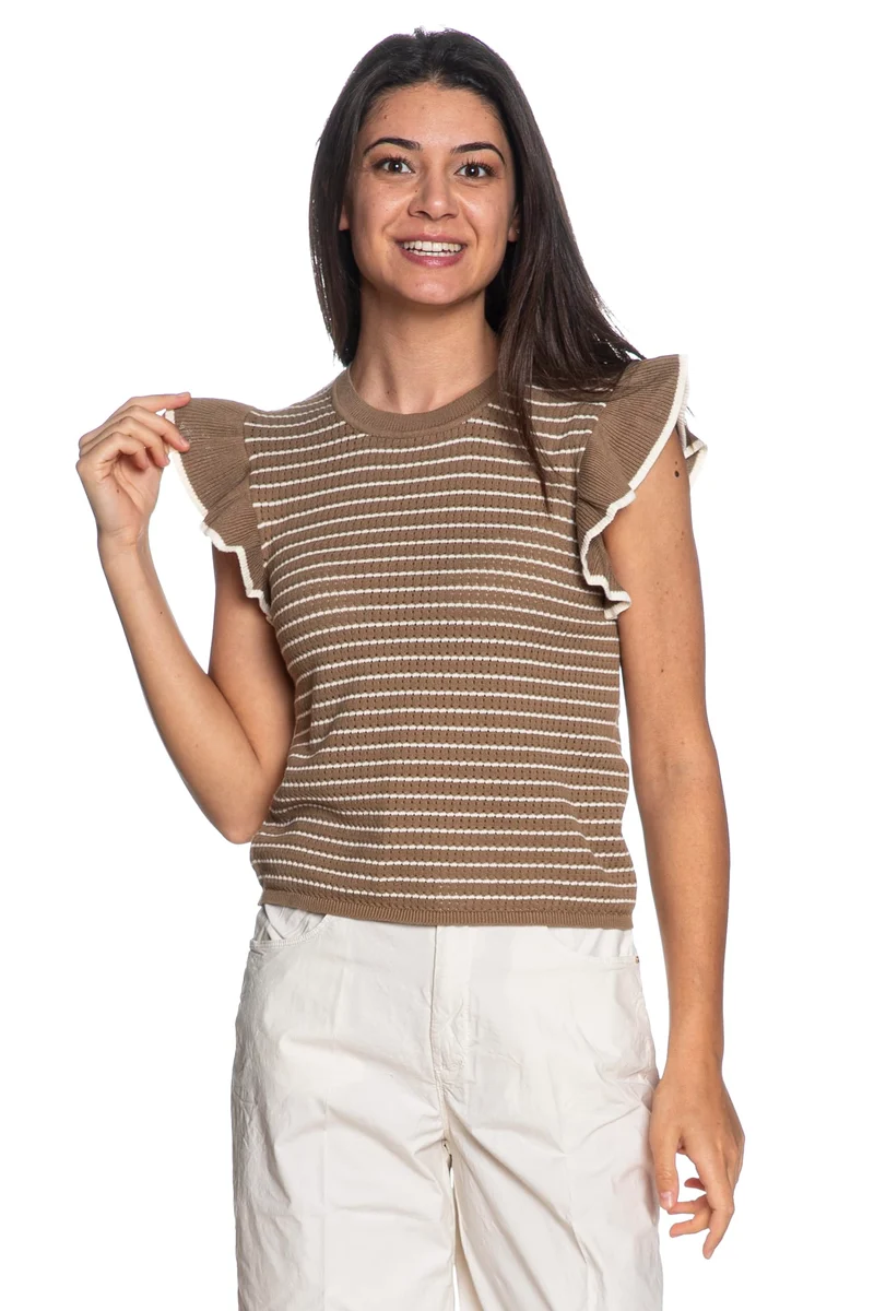 T Shirt Jdy Carice Frill Da Donna Marrone Fango Rigato Panna