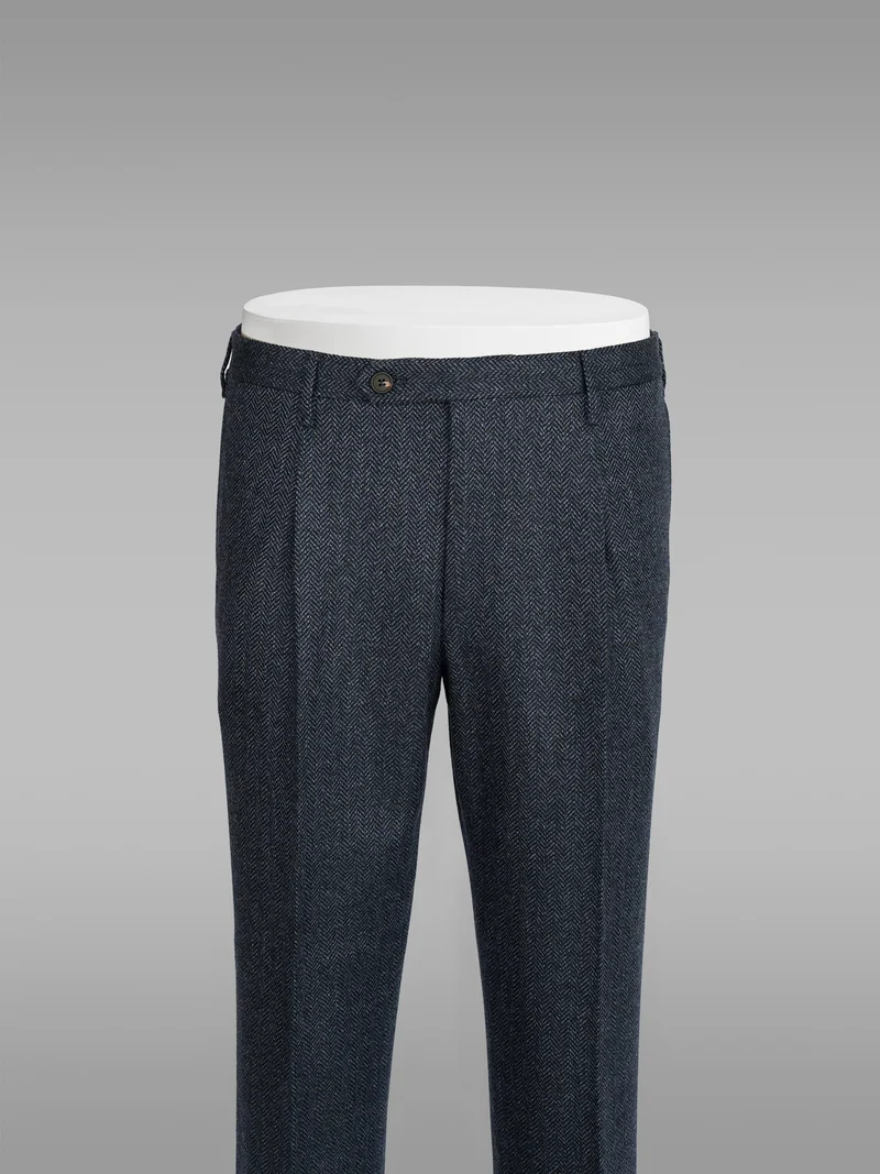 Dark blue melange herringbone wool cashmere trousers