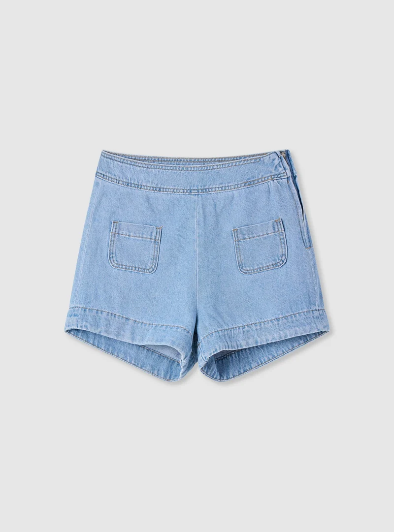 Shorts jeans wide leg a vita alta con tasche a toppa