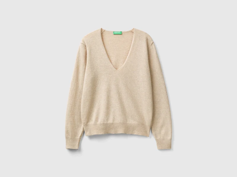 Maglione beige con scollo a V in pura lana Merino