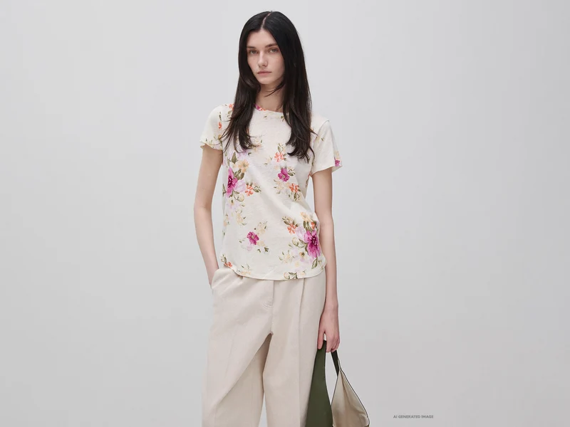 T-shirt floreale in misto lino