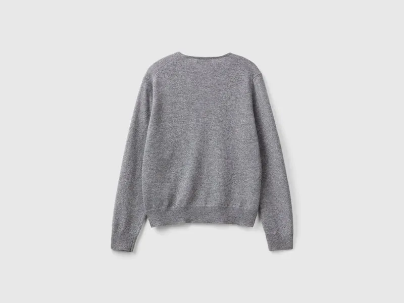 Maglione grigio topo con scollo a V in pura lana Merino