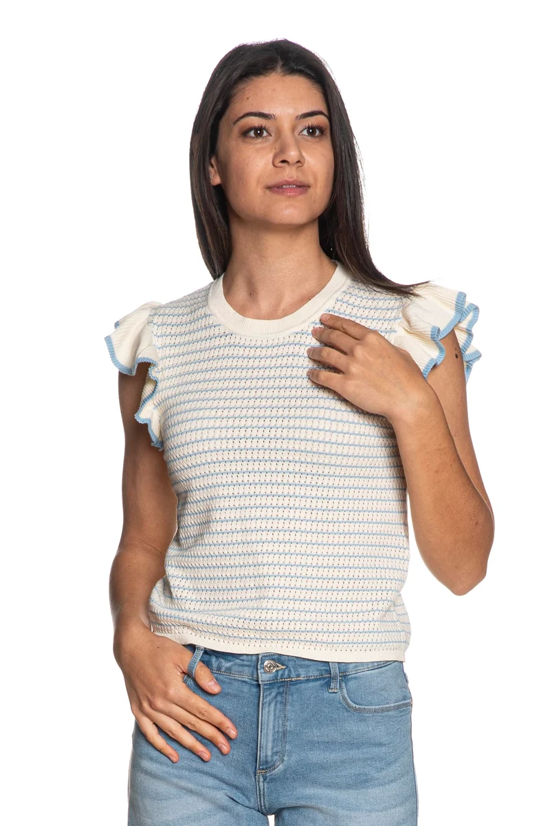 T Shirt Jdy Carice Frill Da Donna Panna Rigato Celeste